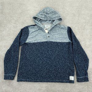Lucky Brand Hoodie Men's Large Blue Henley Collar Grey Label Fleece Kangaroo